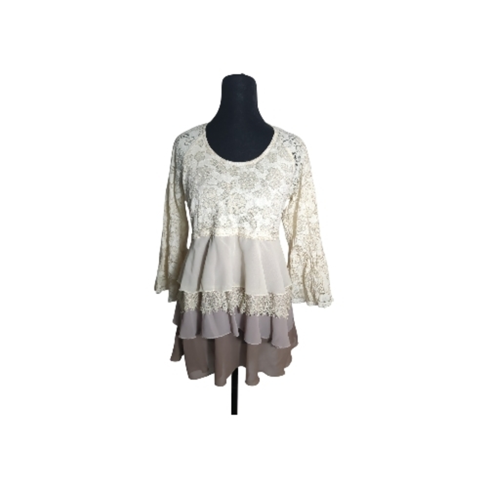 Cream Ombre Lace Tiered Ruffle Blouse Medium Fairycore Romantic Cottagecore Boho